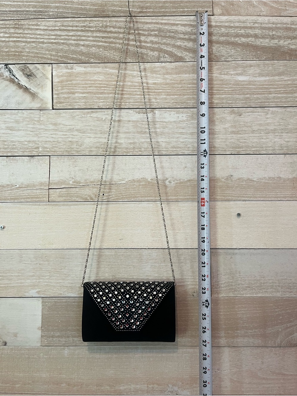 Black Embellished Evening Clutch with Chain Strap - Picture 2 of 8